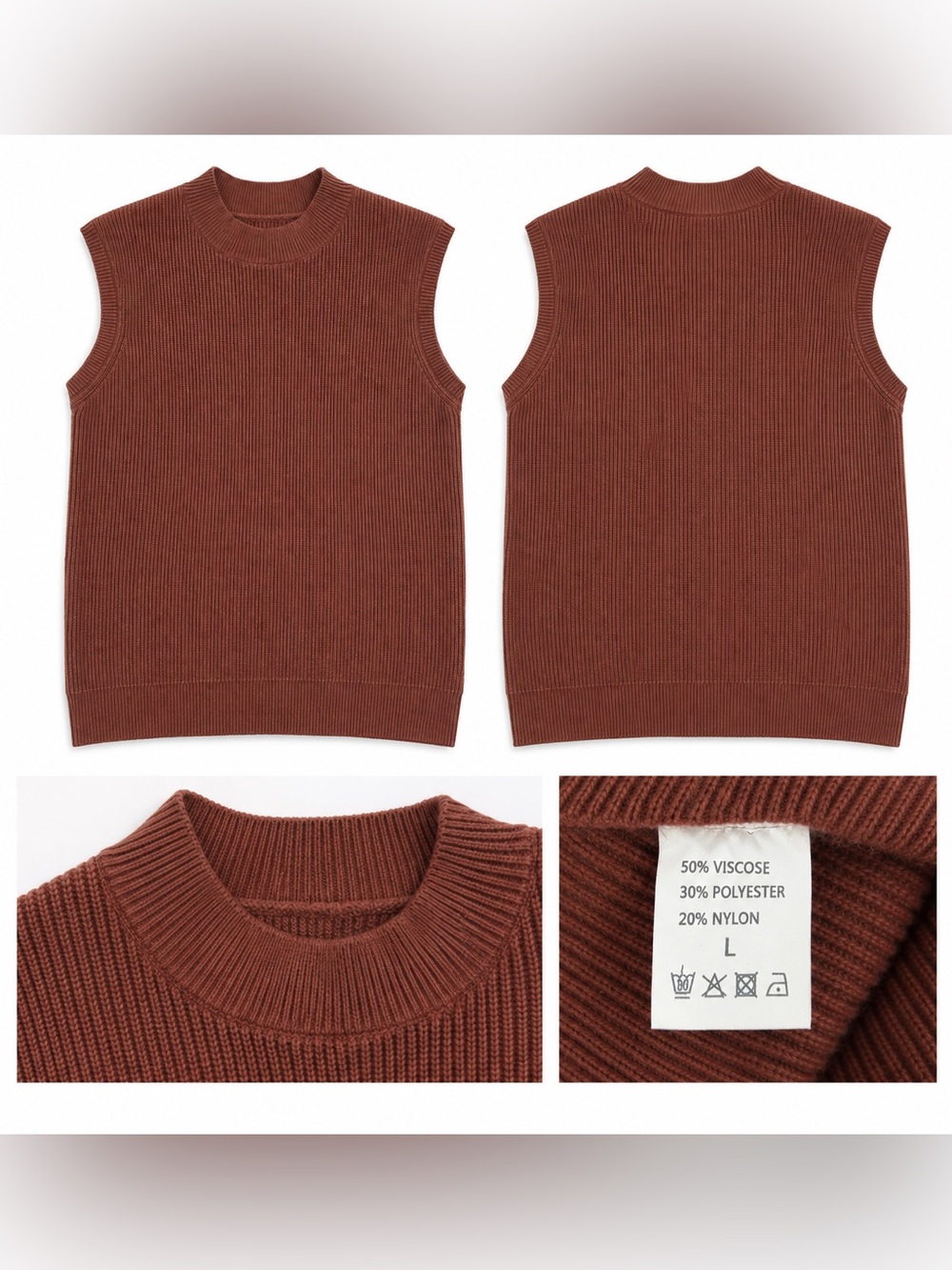 Women’s Ribbed Sweater Vest Size L Rust Brown Mock Neck Sleeveless Knit